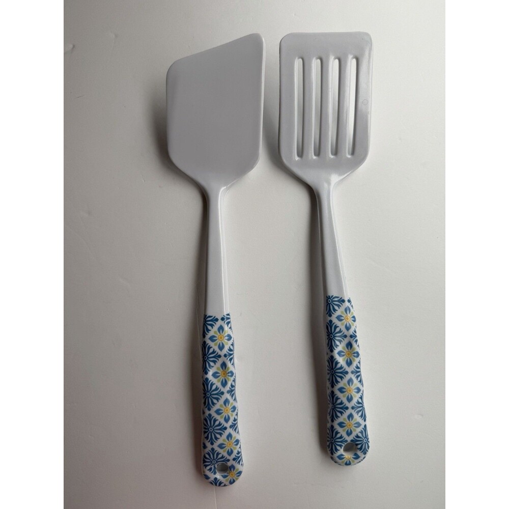 Set 2 Melamine Slotted Angled Spatulas Set #9185 Blue White Design Handles